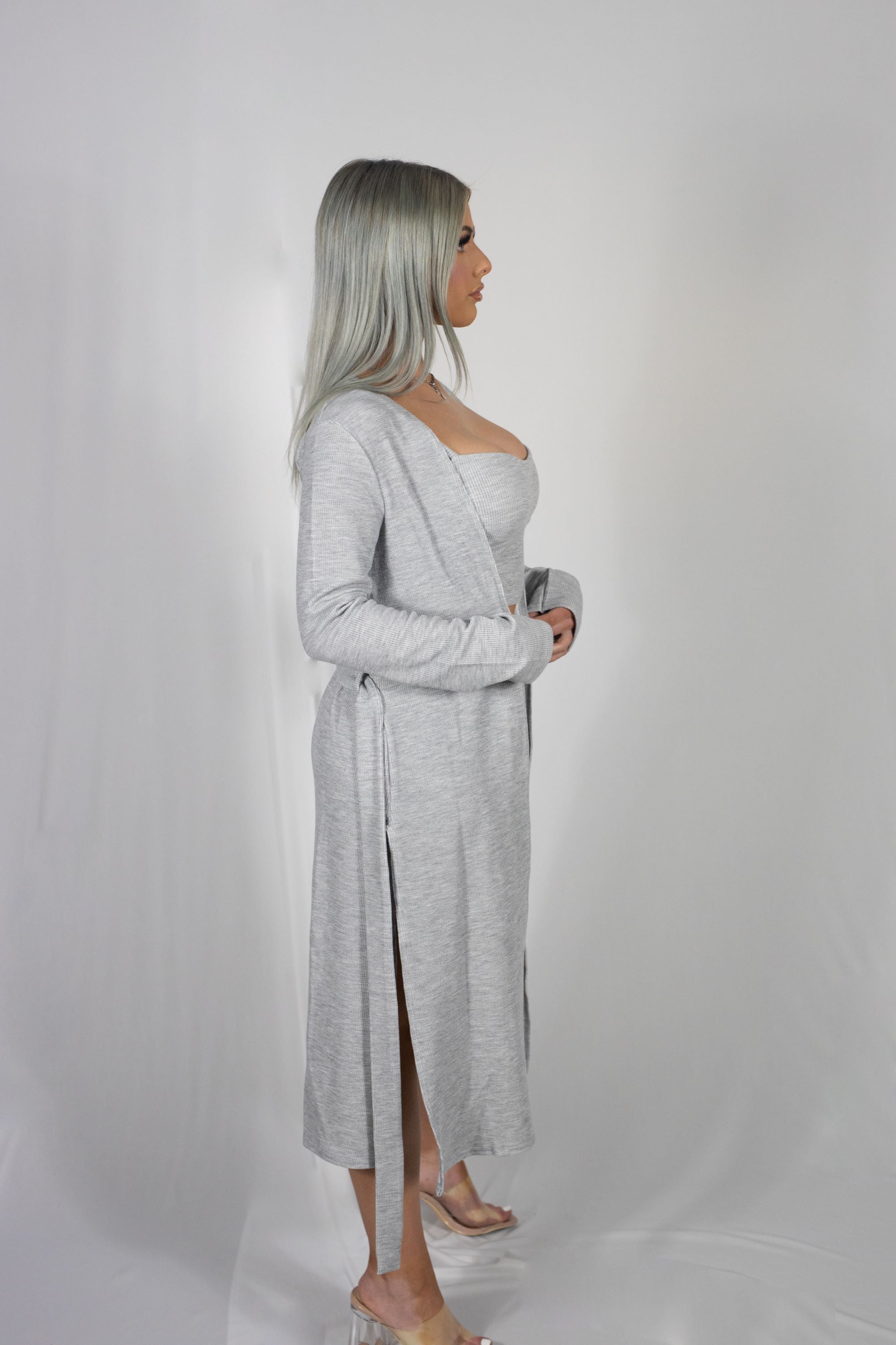 Zammi DUSTER WITH CROP TOP AND SHORTS in Grey - Back View