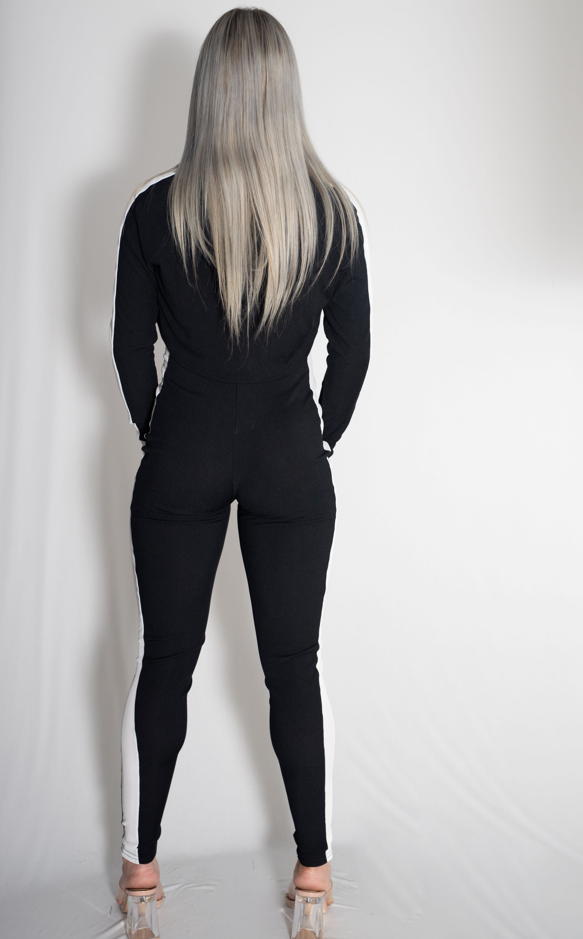 Zammi WHITE SIDE STRIPE JUMPSUIT WITH PULLOVER HOODIE SET in Navy & White - Detail Shot