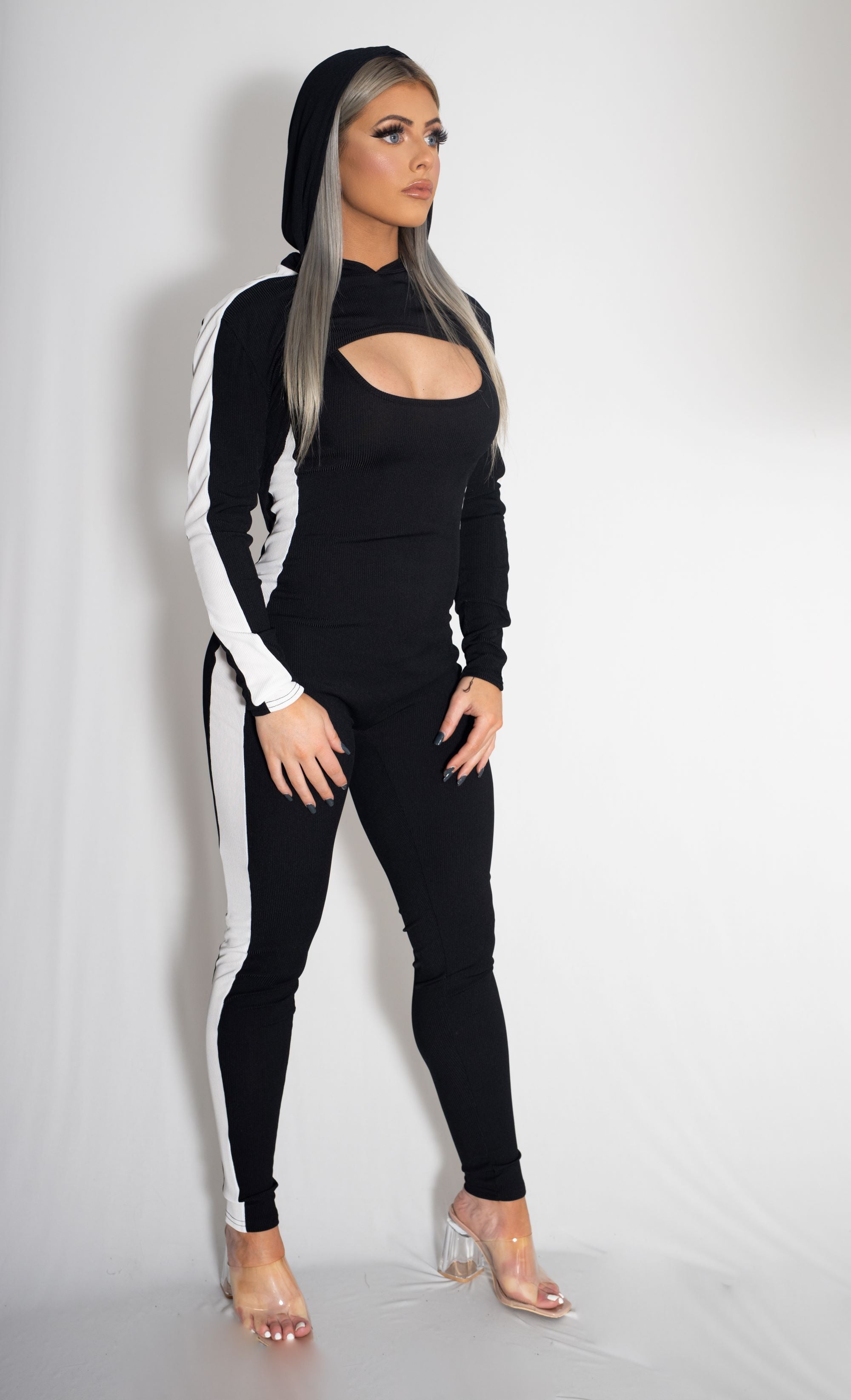 Zammi WHITE SIDE STRIPE JUMPSUIT WITH PULLOVER HOODIE SET in Navy & White - Product Image