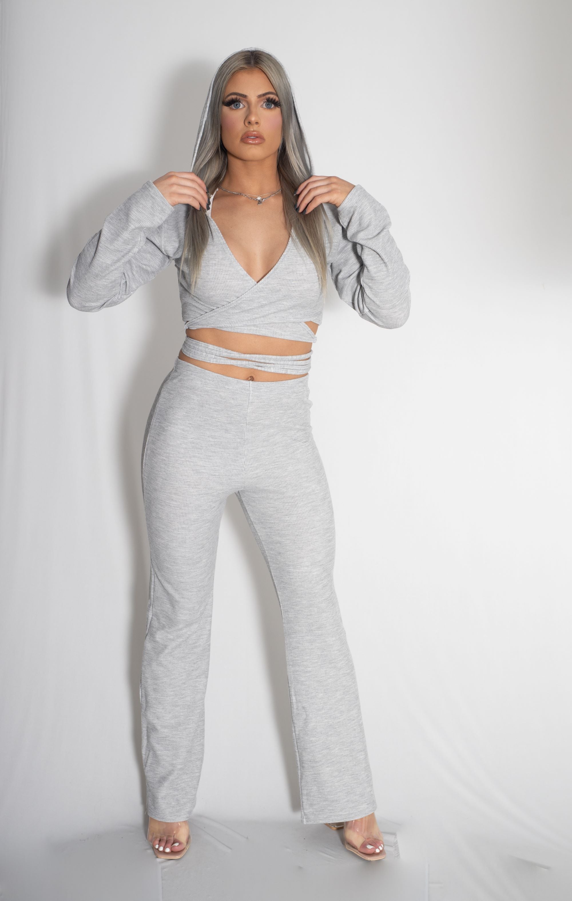 Zammi WAIST WRAP HOODIE WITH FLARE TROUSERS in Grey - Lifestyle Image