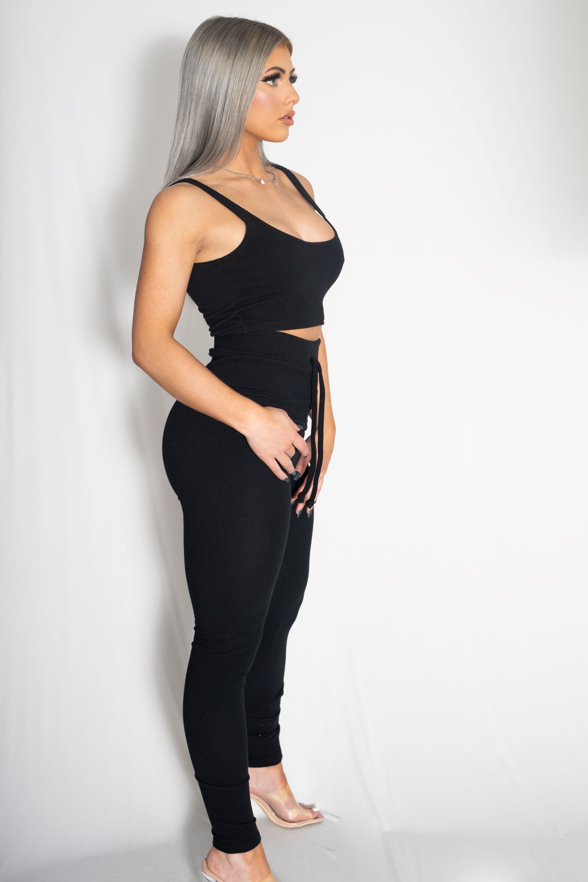 Zammi CROP TOP WITH CARDIGAN AND LEGGINGS in Brown - Product Image