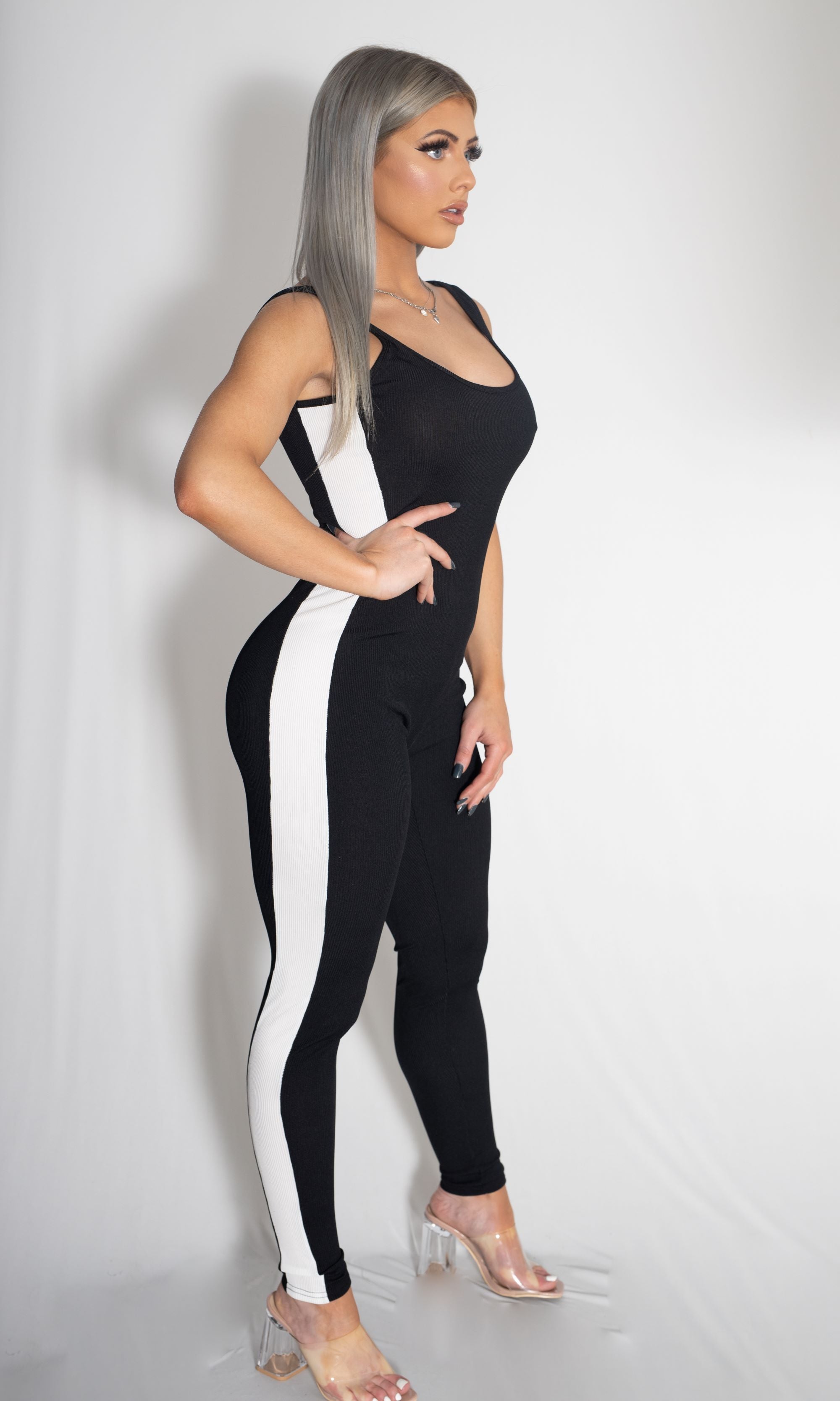 Zammi WHITE SIDE STRIPE JUMPSUIT WITH PULLOVER HOODIE SET in Navy & White - Product Image