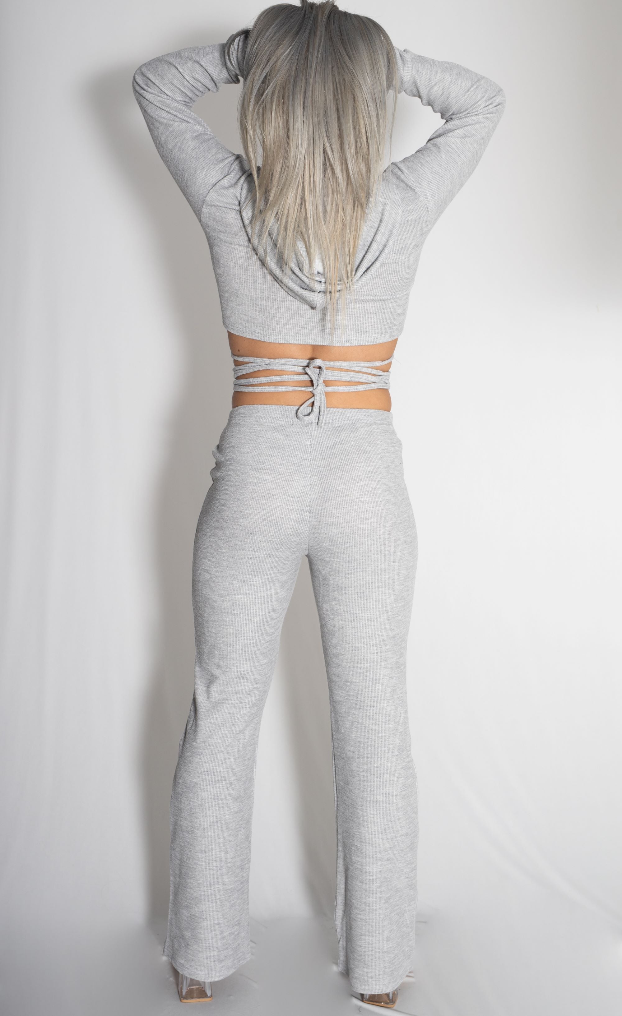 Zammi WAIST WRAP HOODIE WITH FLARE TROUSERS in Grey - Detail Shot