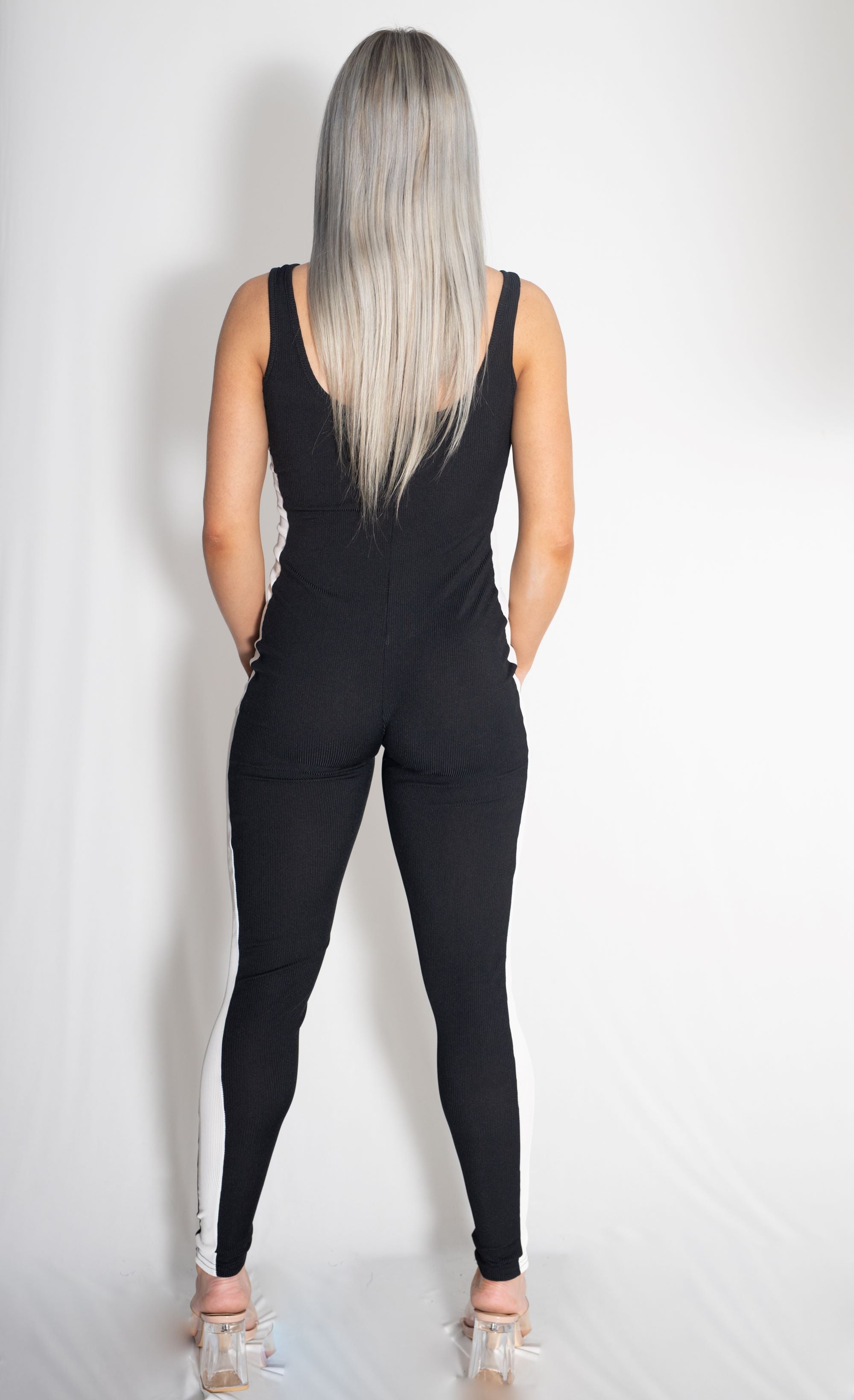 Zammi WHITE SIDE STRIPE JUMPSUIT WITH PULLOVER HOODIE SET in Navy & White - Close-up Detail