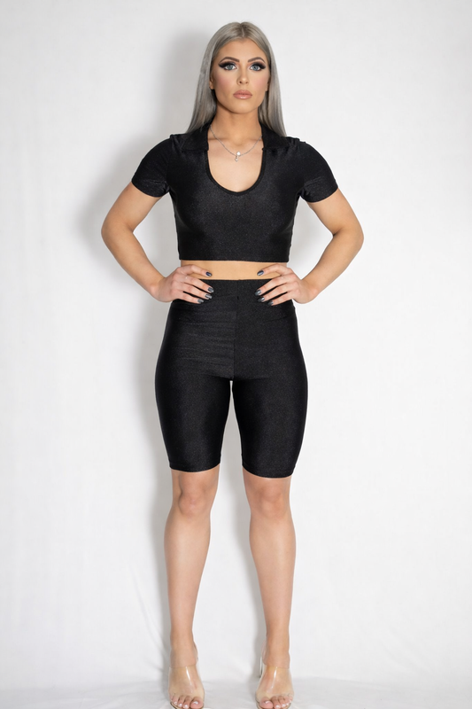 Zammi COLLAR TOP AND CYCLING SHORTS SET in Black - Front View