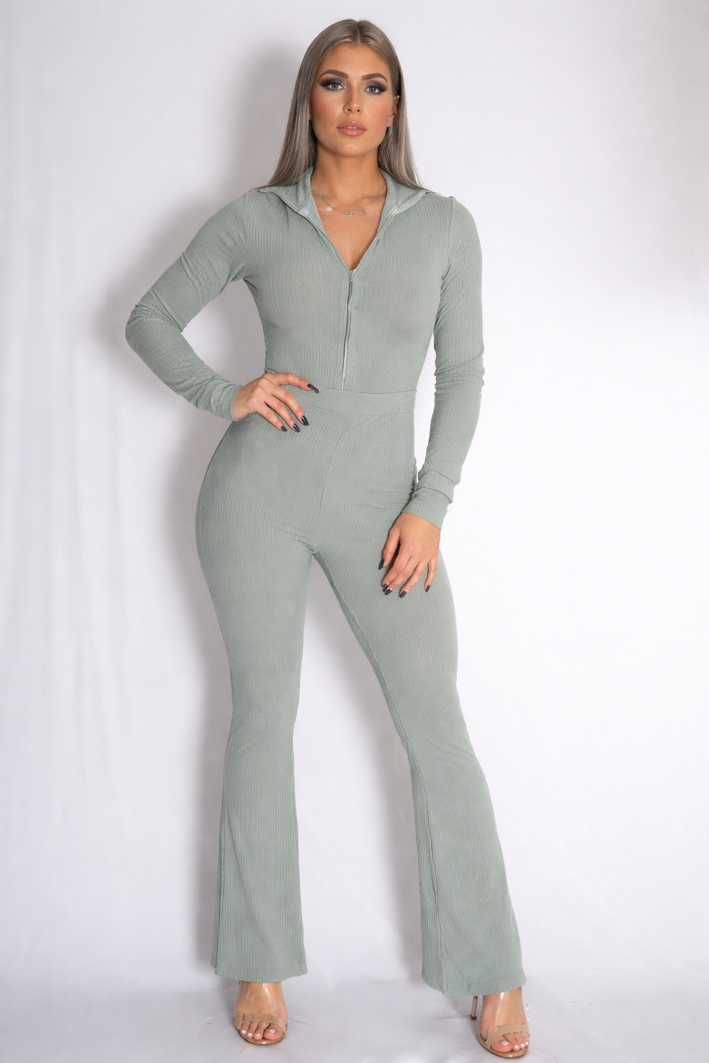 Zammi FULL SLEEVE BODYSUIT WITH HOOD AND FLARE TROUSERS SET in Mint - Front View