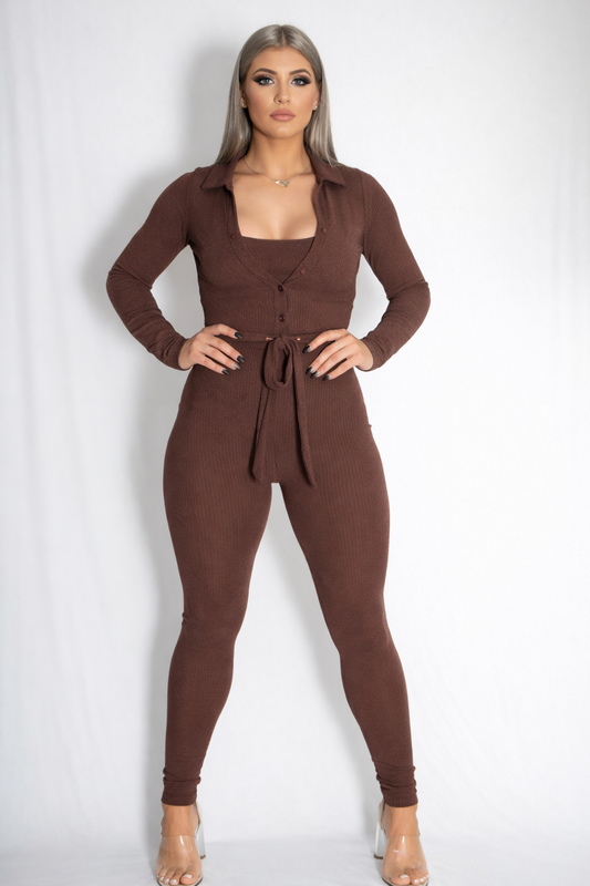 Zammi CROP TOP WITH CARDIGAN AND LEGGINGS in Brown - Front View