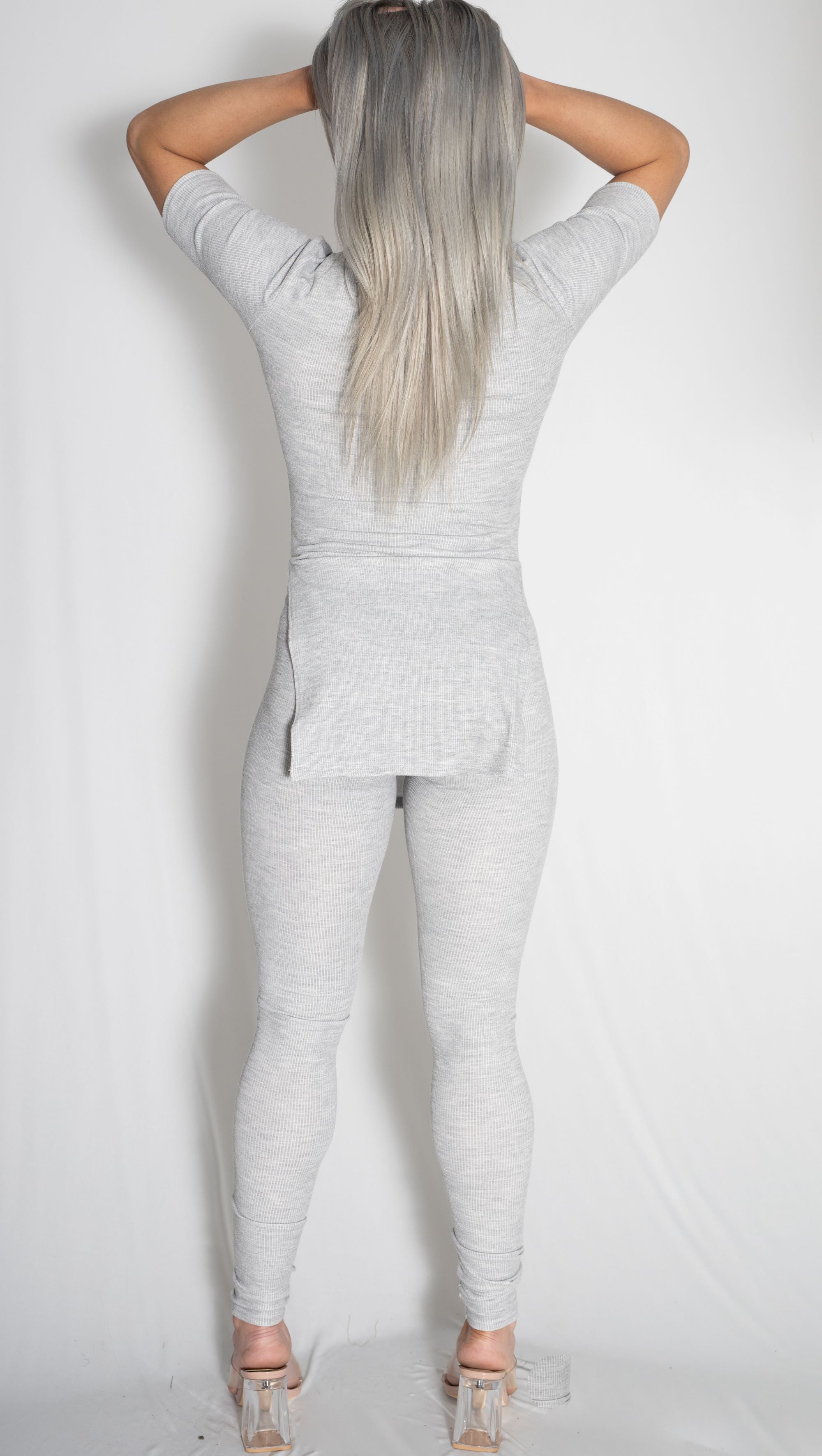 Zammi 2 PIECE SIDE SPLIT TOP WITH LEGGINGS in Grey - Product Image
