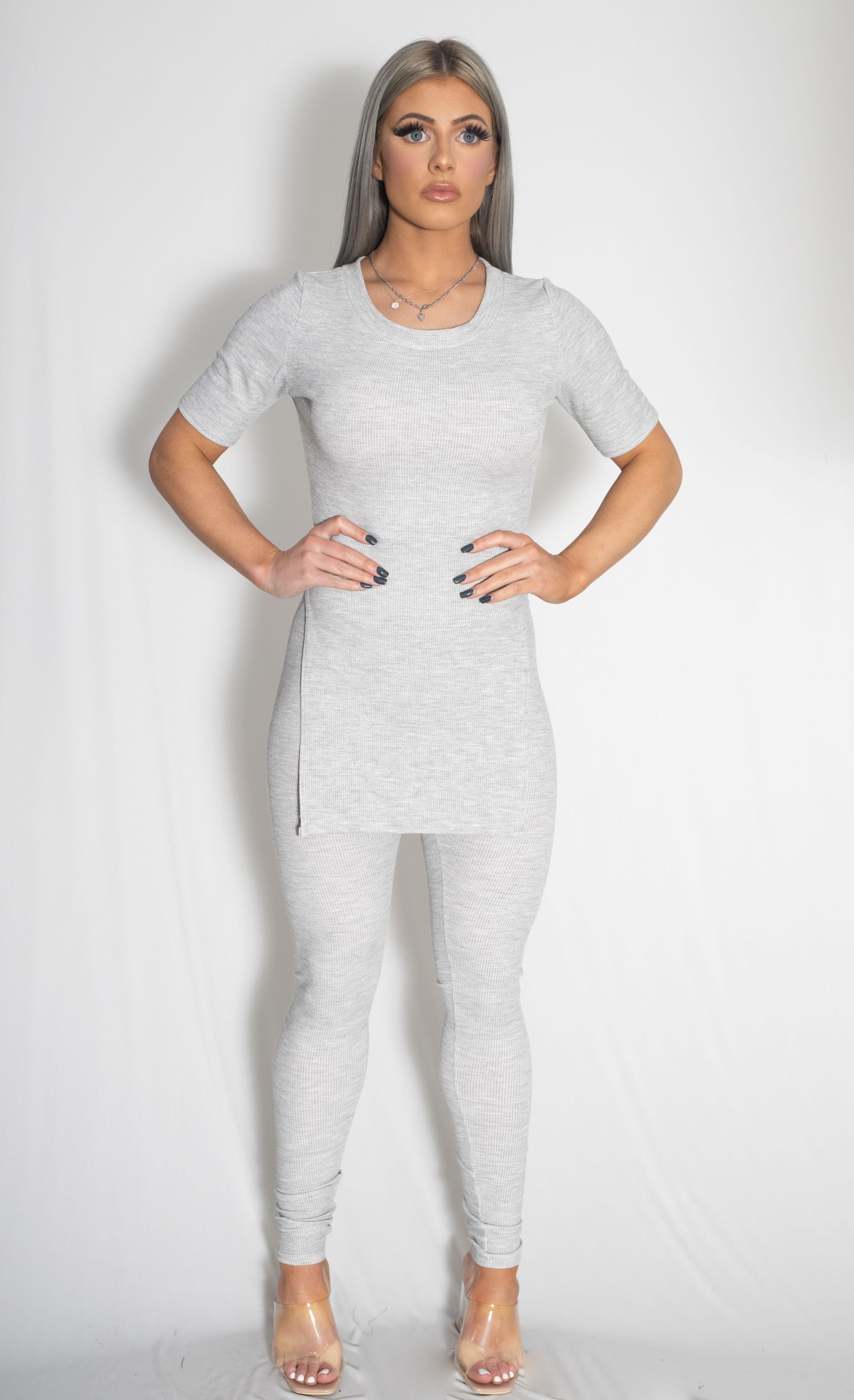Zammi 2 PIECE SIDE SPLIT TOP WITH LEGGINGS in Grey - Product Image