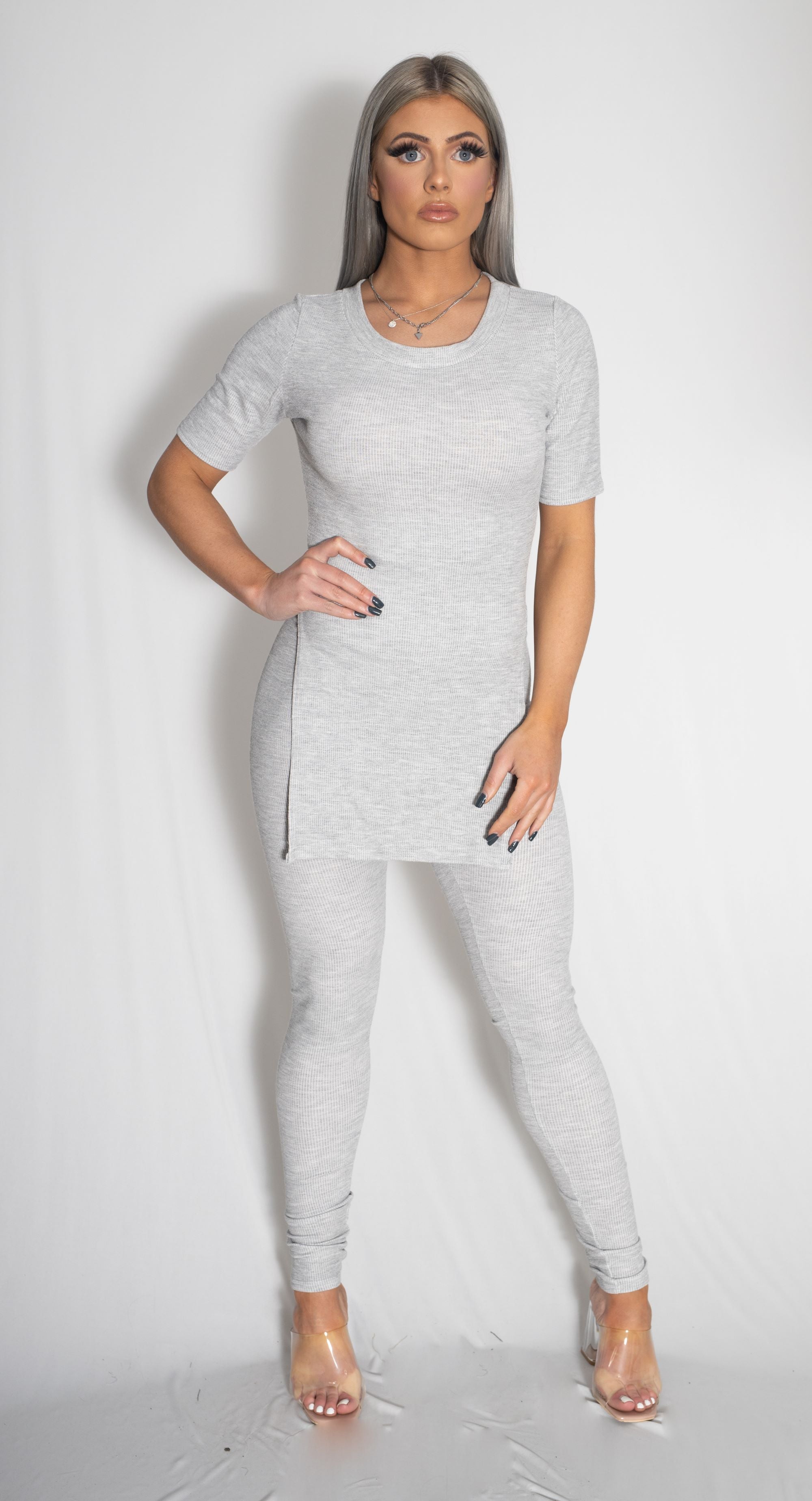 Zammi 2 PIECE SIDE SPLIT TOP WITH LEGGINGS in Grey - Product Image
