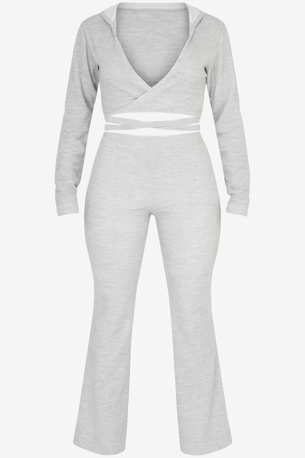 Zammi WAIST WRAP HOODIE WITH FLARE TROUSERS in Grey - Product Image