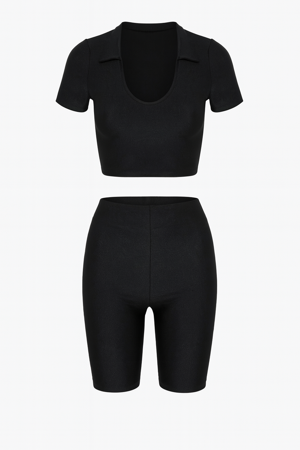 Zammi COLLAR TOP AND CYCLING SHORTS SET in Black - Close-up Detail